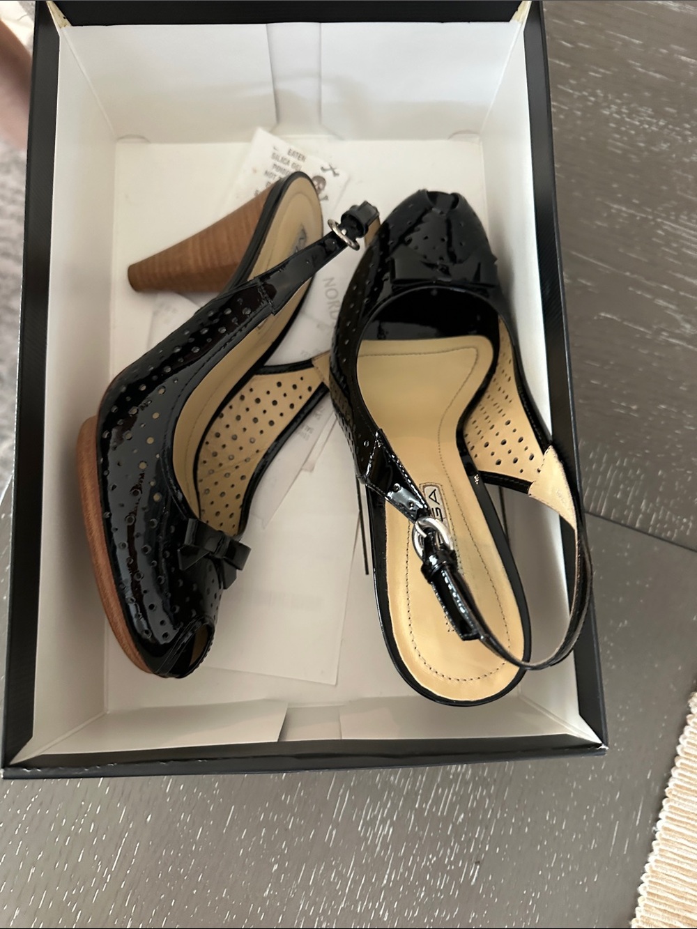 Via Spiga Black Patent Slingback Mules with Wood-Tone Heel